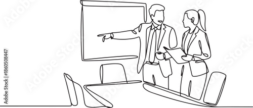 Single continuous line drawing of young happy businessman and businesswoman discussing in the office meeting room. Business meeting and presentation concept. one line Icon drawing