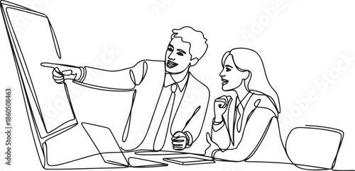 Single continuous line drawing of young happy businessman and businesswoman discussing in the office meeting room. Business meeting and presentation concept. one line Icon drawing