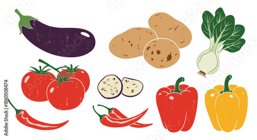 Collection of various fresh farm vegetables with a vintage stamp texture effect perfect for rustic and organic food branding.