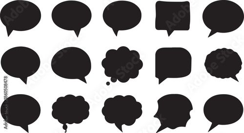 Collection of Fifteen Black Speech Bubbles and Thought Bubbles in Various Shapes chat dialogue