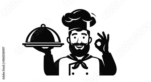 Black and white vector logo of a happy bearded chef in a toque holding a serving platter and giving an okay hand signal.