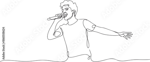Single continuous line drawing of young happy male pop singer holding microphone and singing on music concert stage. Trendy musician artist performance concept. one line Icon drawing