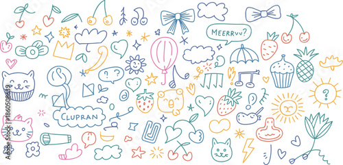 Hand drawn doodle icon set, cute colorful sketch symbols, cat faces, fruit, sun, clouds, music notes and decorative elements for kids design, isolated,