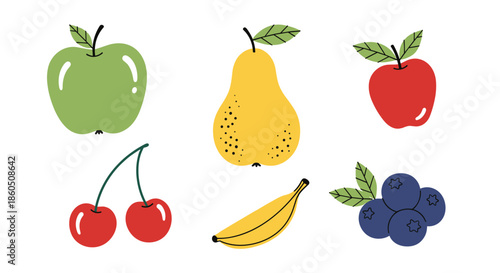 Charming collection of six simple hand-drawn fruits including apples pear banana cherries and blueberries for cute designs.