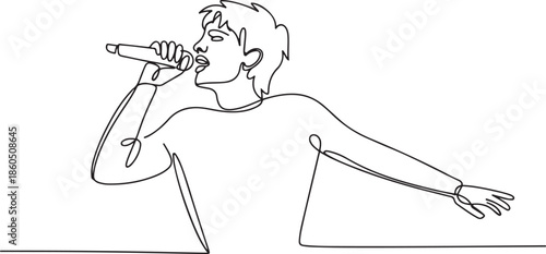 Single continuous line drawing of young happy male pop singer holding microphone and singing on music concert stage. Trendy musician artist performance concept. one line Icon drawing