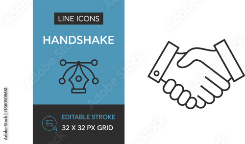 Handshake line icon representing business partnership agreement success cooperation contract deal trust teamwork professional collaboration and corporate networking on a white background