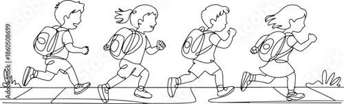 Single continuous line drawing elementary school students both boys and girls were running on the side of the road avoiding being late for school. one line Icon drawing