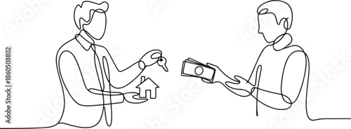 Continuous one line drawing buying house. Agent of real estate holding in hand house, key. Buyer, customer gives cash money. Deal sale and purchase of real. one line Icon drawing