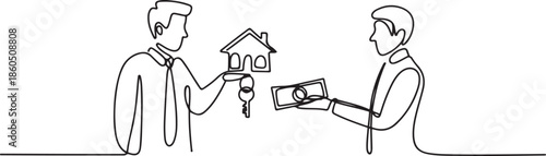 Continuous one line drawing buying house. Agent of real estate holding in hand house, key. Buyer, customer gives cash money. Deal sale and purchase of real. one line Icon drawing