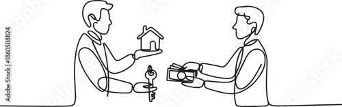 Continuous one line drawing buying house. Agent of real estate holding in hand house, key. Buyer, customer gives cash money. Deal sale and purchase of real. one line Icon drawing
