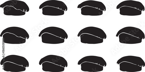 Grid of Identical Black Silhouettes of a Single Sushi Roll on White Background Keywords: sushi, japanese food, maki, food, cuisine, asian food, rice, fish, roll, delicacy, gourmet, traditional