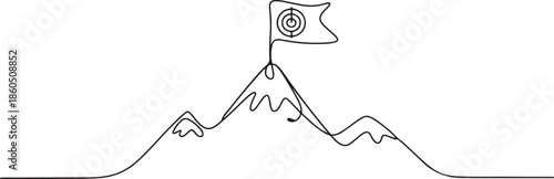 Single continuous line drawing mountains with target flag on the top. Reaching and climbing business goal on the hill top. Minimalism concept. one line Icon drawing