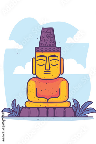 A vibrant illustration portrays a serene, cartoon-style Buddha statue seated in meditation, adorned with a unique hat, set against a backdrop of soft blue skies and stylized foliage.