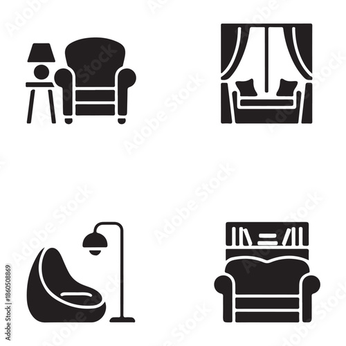 Cozy living room seating area home interior silhouette vector icon