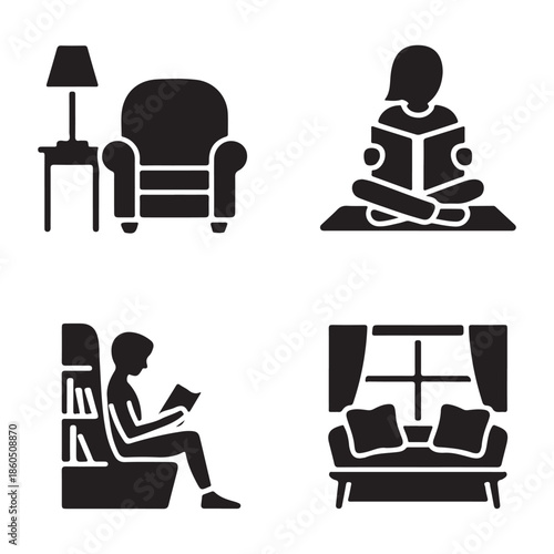 Minimal bookshelf sofa living room interior silhouette vector graphic