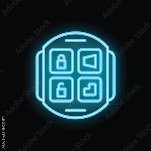 Glowing blue neon smartwatch displaying a security applications interface on a black background