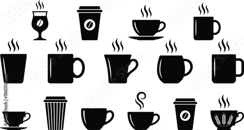 Coffee cup and mug silhouette collection, vector illustration for café branding, hot beverage icons, drinkware design, espresso style, and menu artwork