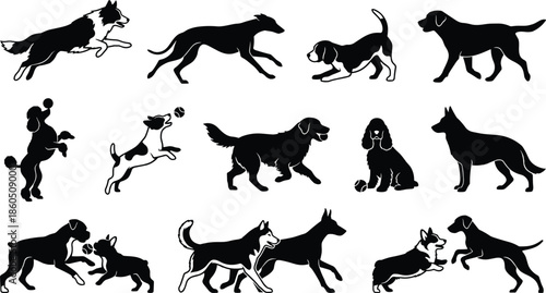 Dog breed silhouette collection, vector illustration for pet design, canine motion, playful behavior, animal artwork, domestic dog poses, and breed recognition