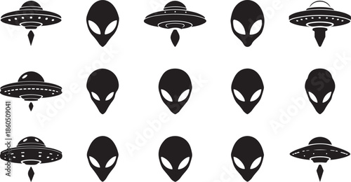 Grid of black silhouettes of flying saucers and alien heads on a white background Keywords: alien, ufo, flying saucer, extraterrestrial, space, science fiction, creature, head, silhouette, icon