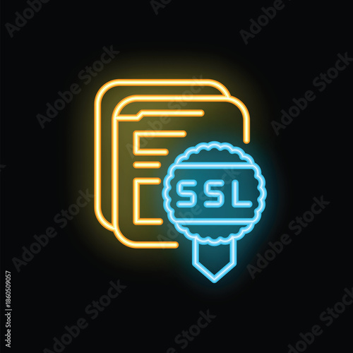Glowing neon ssl secure badge protecting website documents icon on a black background