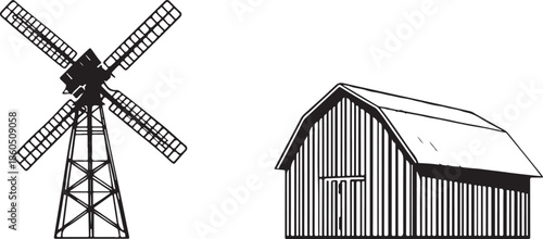 Outline illustration of a windmill and a barn with detailed lines on a white background