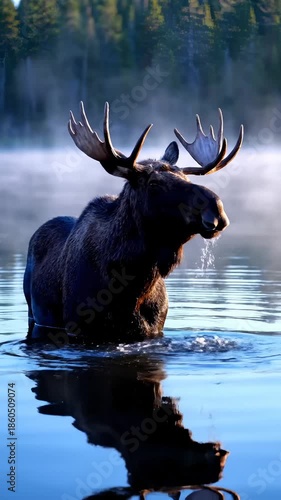 Majestic Moose Standing in Lake Waters With Antlers