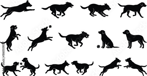 Dog silhouette collection in motion, vector illustration for pet activity, canine behavior, playful poses, animal design, and domestic dog artwork