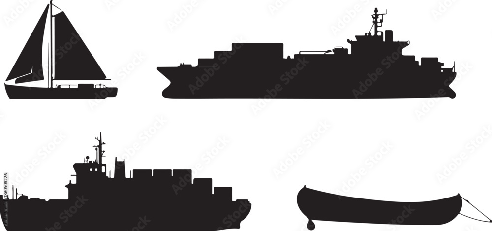 Obraz premium Silhouette collection of diverse maritime vessels including a sailboat cargo ship and a rowboat on a white background