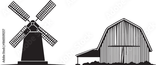 Silhouette of a traditional windmill and a barn with vertical lines on a white background