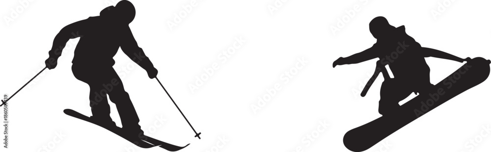 Obraz premium Silhouette of Skier and Snowboarder Mid- Jump on White Background skiing snowboarding