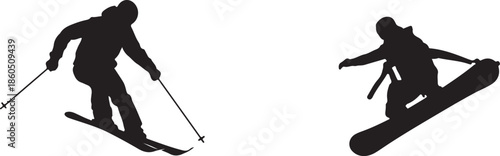 Silhouette of Skier and Snowboarder Mid- Jump on White Background skiing snowboarding