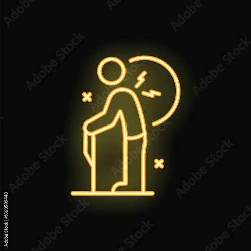 Neon icon of an elderly man with a walking stick suffering from back pain