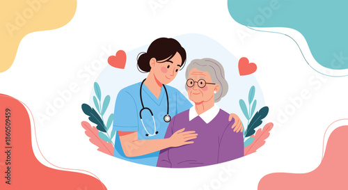 A heartwarming illustration of a friendly female nurse with a stethoscope comforting an elderly woman with a gentle embrace.