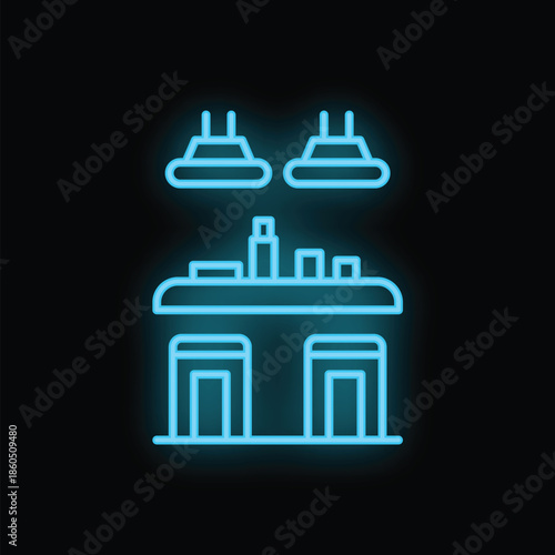 Bright blue neon icon of a bar counter with bottles and glasses, stools, and hanging lights, on a black background