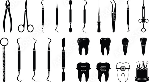 Dental tools and treatment silhouettes, vector illustration for oral care, dentistry equipment, tooth health, clinical gear, and professional hygiene design