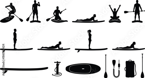 Stand-up paddleboarding silhouettes and gear, vector illustration for water sport, outdoor activity, SUP equipment, fitness lifestyle, and adventure design content