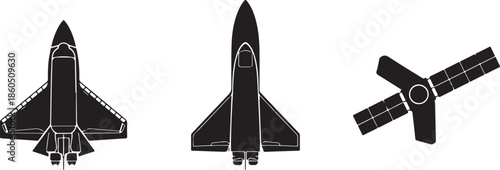 Silhouettes of Two Space Shuttles and a Satellite in Black and White spacecraft rocket