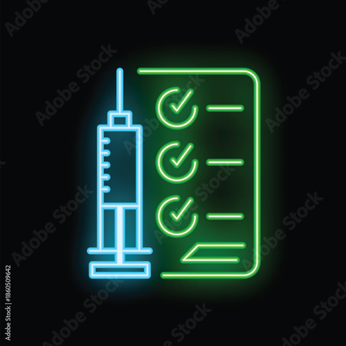 Neon syringe and vaccination plan with check marks confirming completed steps of a medical process