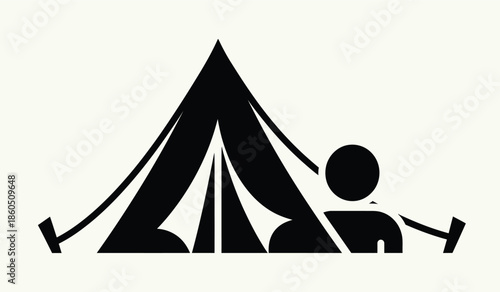 Simple black and white graphic depicting a tent and a person camping