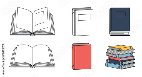 A versatile set of six book icons including open books closed books and a stack for education and library-themed designs.