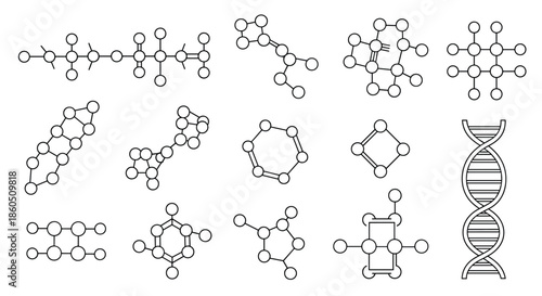 A scientific collection of various molecule structures and a DNA double helix strand in a clean black and white line art style.