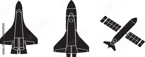Three Silhouettes of Spacecraft Including Two Space Shuttles and a Satellite rocket spaceship