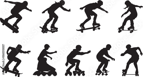 Silhouettes of skateboarders and rollerbladers performing tricks on a white background Keywords: skateboard, skateboarding, rollerblade, rollerblading, silhouette, trick, sport, action, movement