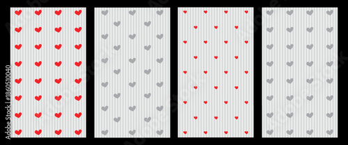 Four vector patterns with simple heart shapes on a striped background, in various shades of red and gray, for Valentines Day design and wrapping paper.