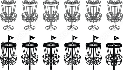 Disc golf basket silhouettes, vector illustration for outdoor sport, target design, flying disc activity, recreational gear, and competitive game layout
