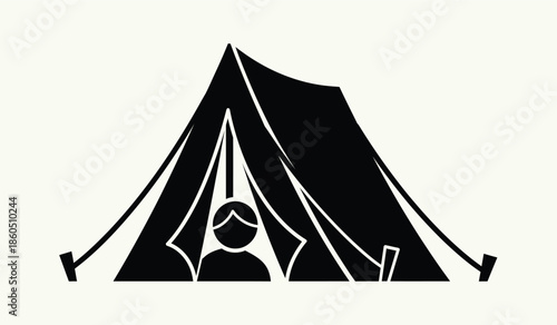 A simple black and white illustration of a camping tent with a person