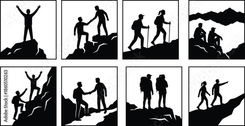 Hiking and mountain climbing silhouettes, vector illustration for outdoor adventure, teamwork activity, nature exploration, trekking gear, wilderness sport, and scenic journey design