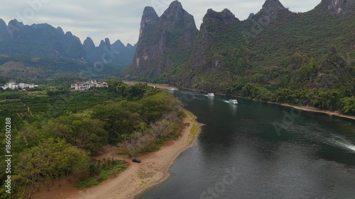 Tourboats on Li River in Yangshuo County