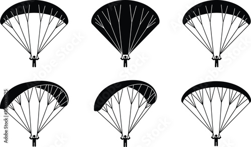 Parachute and skydiver silhouette collection, vector illustration for aerial gear, freefall sport, sky adventure, flight safety, and outdoor activity design