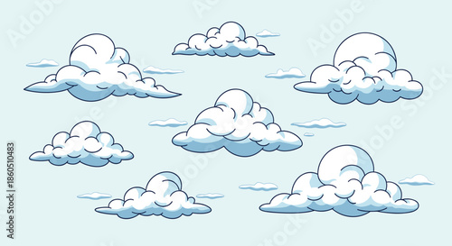 A collection of various fluffy white cartoon clouds in a classic animation style set against a pleasant light blue sky.